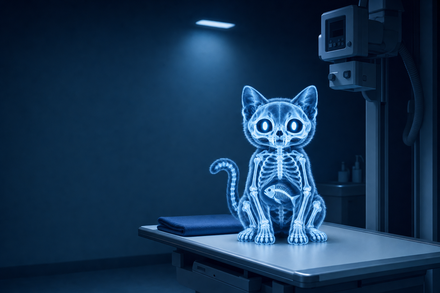 Cat Scan sitting calmly on the X-ray table beside a folded blanket