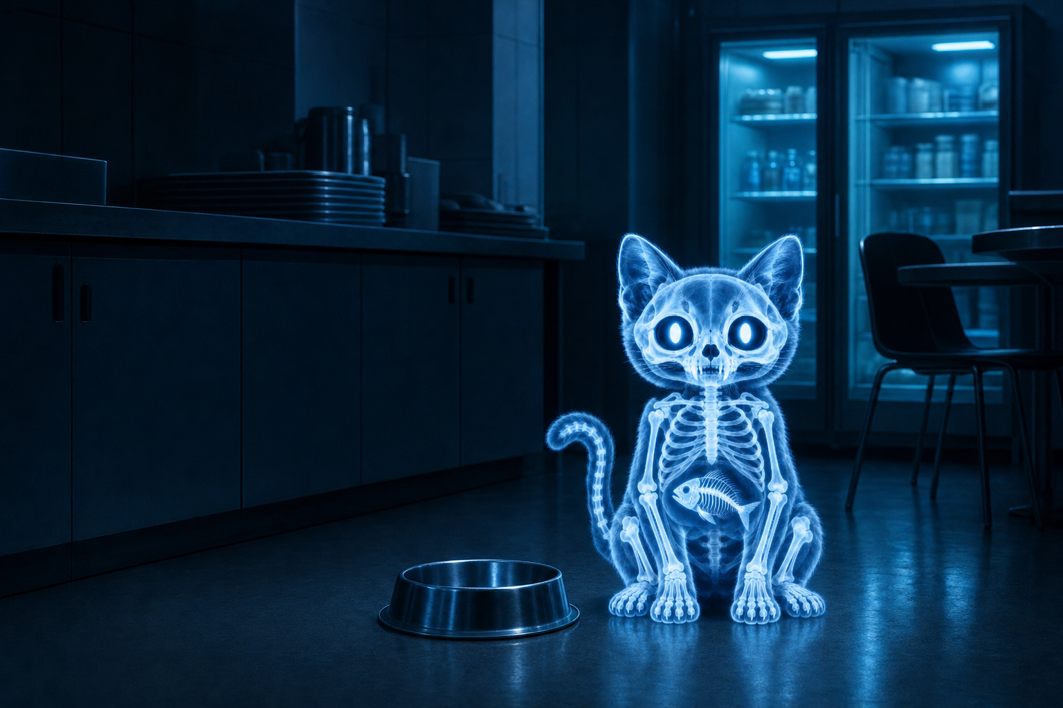 Cat Scan next to an empty bowl in the night cafeteria